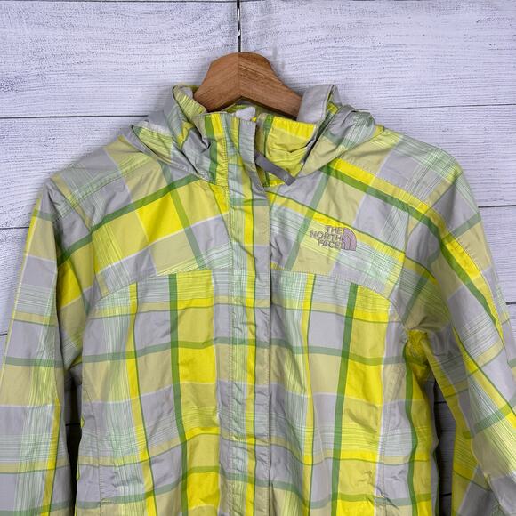 The North Face Girls 14/16 Large Hyvent Hooded Rain Jacket Yellow Plaid Check - Picture 3 of 13